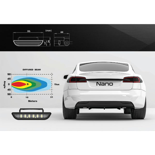 LEDSON Nano baklygte med lysspredning og dimensioner